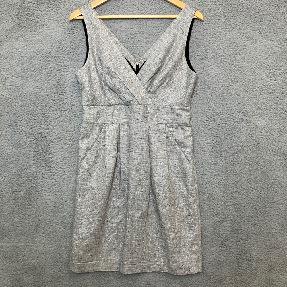 Ann Taylor LOFT Dress Women 6 Metallic Silver Linen V-Neck Sheath Dress Pockets